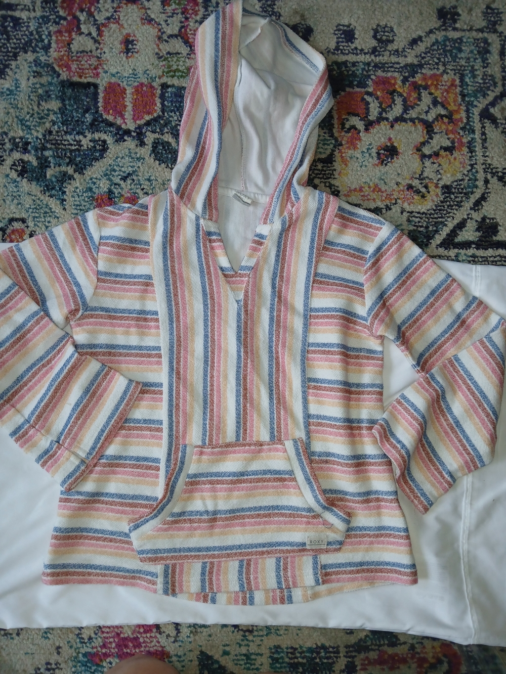 ROXY Girl Striped Fleece Pullover Hoodie Girls S Multicolor Logo Kangaroo Pocket